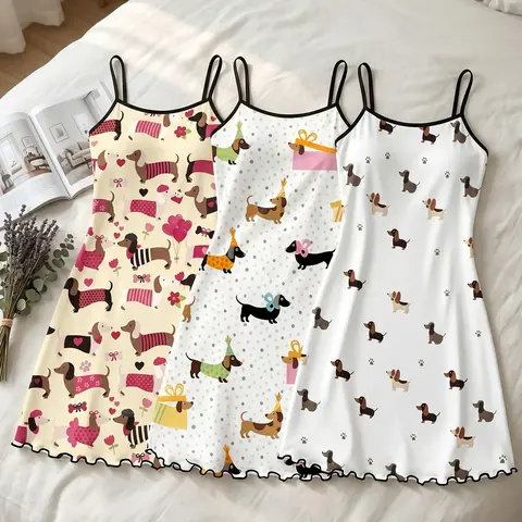 Women's 3 Pack Spaghetti Strap Nightgowns, All-Season Wear, Night Gown Loungewear, Dachshund Dog Paw Heart Print Nightdresses with Ruffle Hem, Loose Breathable for Home & Casual Wear