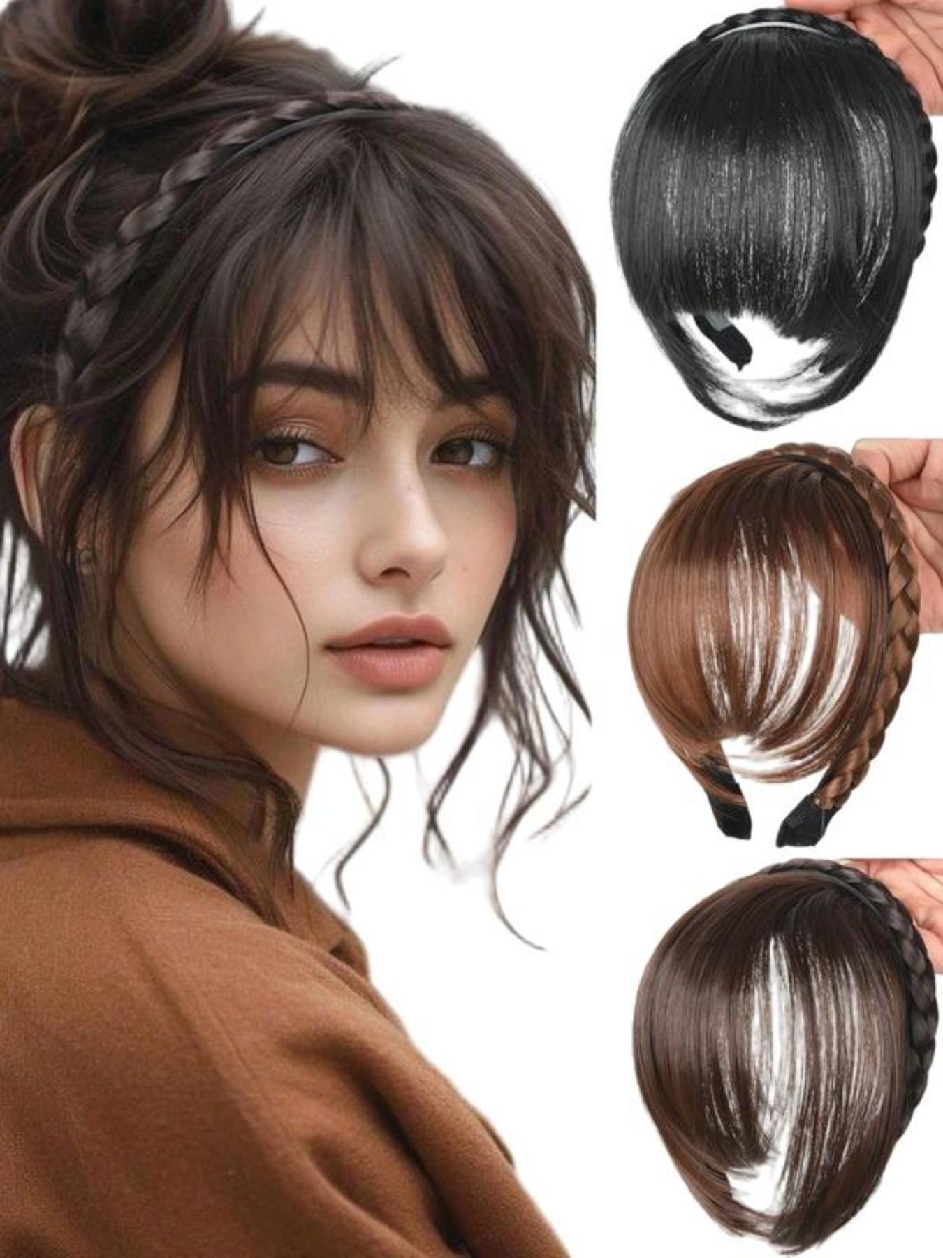 Slip Resistant Fluffy Blunt Bangs Fishtail Braid Wig Headband with Sideburns Bangs Elegant Braided Hair Simple Hair Accessory for Party Holiday Vacation Daily Wear Women Headband