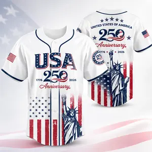 USA 250th Anniversary Baseball Jersey 1776–2026 Patriotic Independence Day 4th of July Liberty Statue Print Men Women American Flag Sports Tee Vintage Soft Cotton Oversized Relaxed Fit USA Pride Celebration Shirt