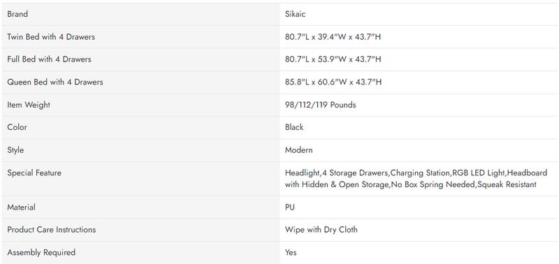 Sikaic Upholstered Platform Bed Frame with LED Lights & Charging Station Hidden Storage Headboard and 4 Drawers PU Black