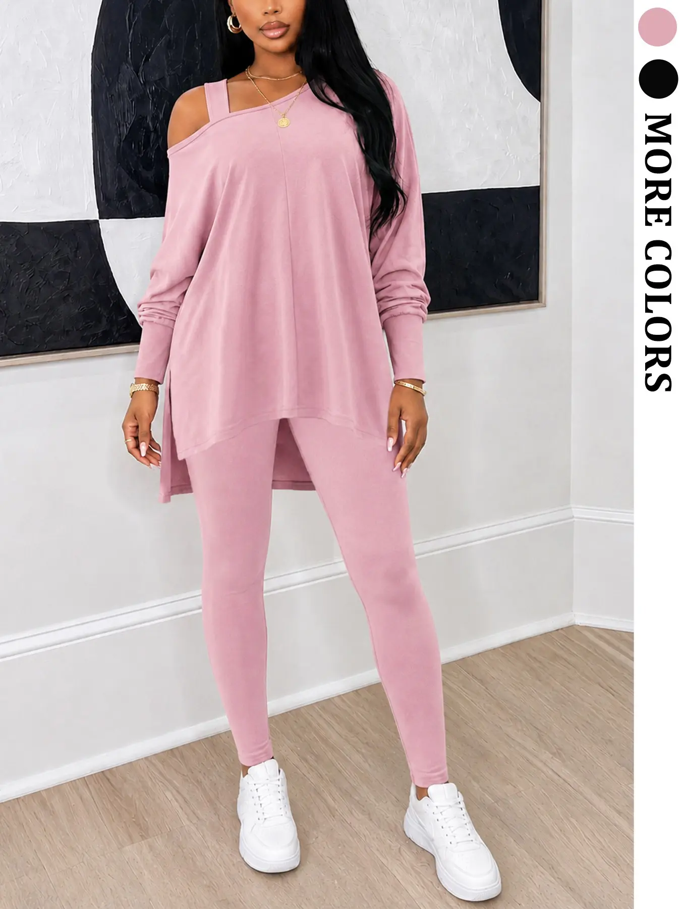 Women’s Fall Winter New Stretch 2 Piece Lounge Set, Off Shoulder Long Sleeve Asymmetrical Top & High Waist Fitted Leggings, Comfy Casual Matching Outfit for Travel, Everyday Wear & Weekend Style