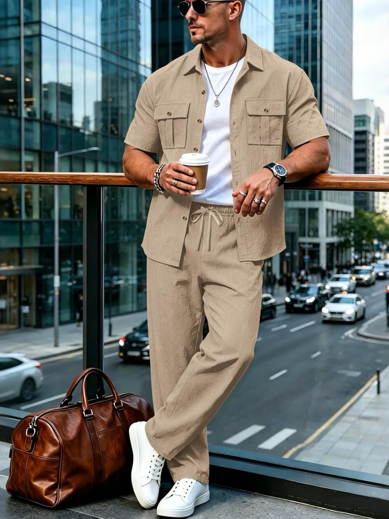 Summer Linen Style Men's Casual Short Sleeve Shirt and Long Pants Set, Resort Wear Set, Breathable Loose Fit Two-Piece, Drawstring Waist, Ideal for Vacation and Daily Wear Clothes, Clothing Sets, Menswear