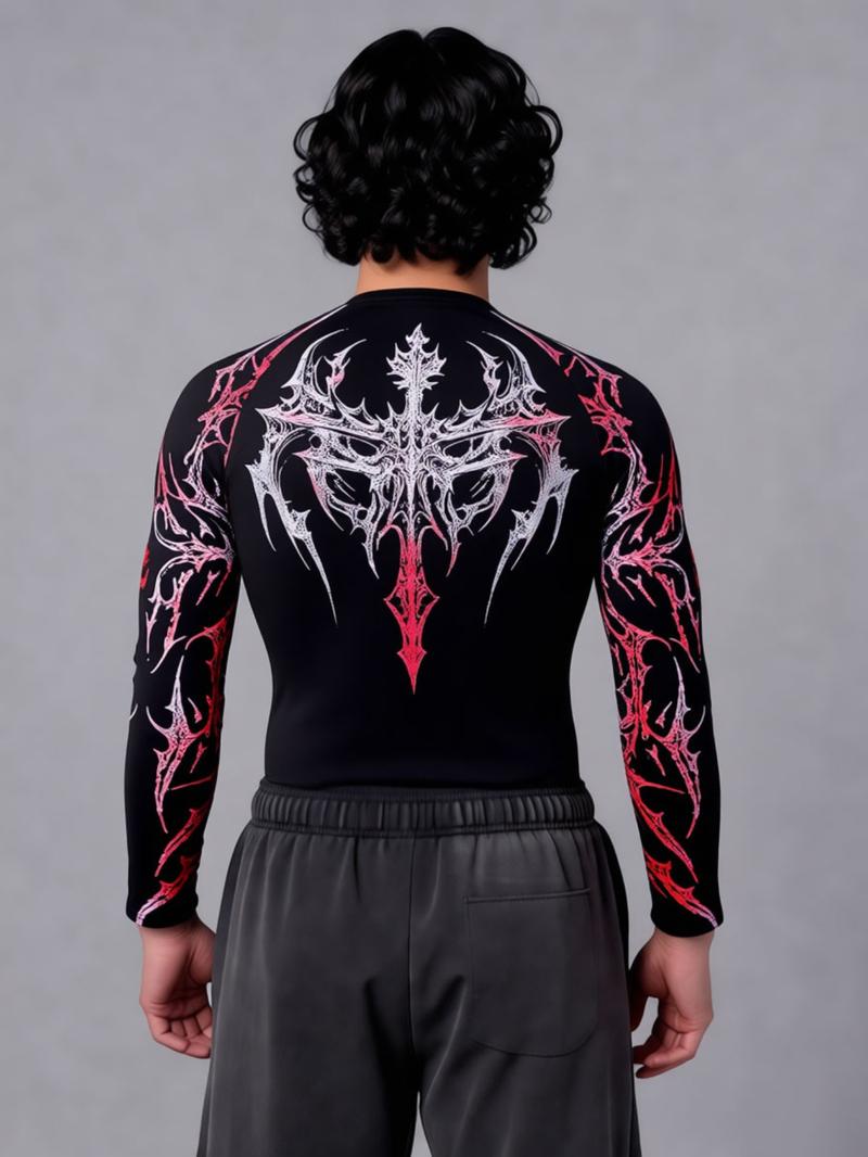 Men's Professional Sports Quick-Dry Fitness Shirt, Gothic Print Long Sleeve, High Elasticity, Round Neck, Moisture-Wicking, Running, Training, Daily Wear, Gym Workout Shirt