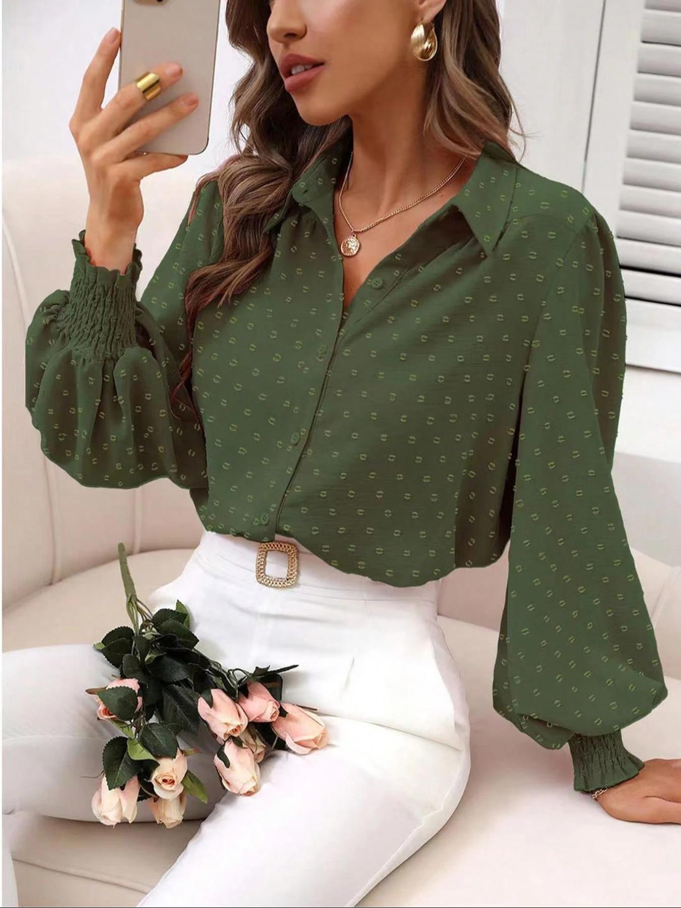 Elegant Textured Fabric Lantern Sleeve Shirt Blouse for Spring & Fall, Perfect for Work & Daily Wear, Stylish Plain Design