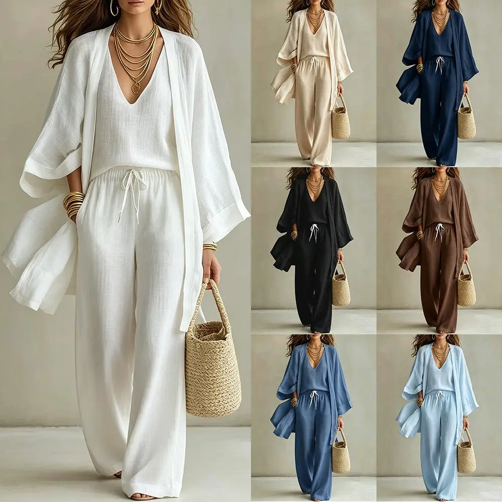 Women’s 3 Piece Linen Look Lounge Set Casual Summer Fall Outfit, Loose Open Front Cardigan Kimono Jacket, Sleeveless Tank Top and Wide Leg Pants Matching Set, Lightweight Relaxed Vacation Streetwear Clothing for Women