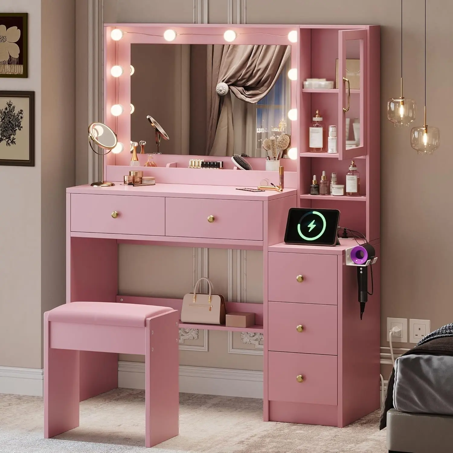 Makeup Vanity with Lights & Charging Station, Pink Vanity Table with 5 Drawers & Open Storage Shelves, Bedroom Makeup Dressing Table Set for Women Girls Round Handles