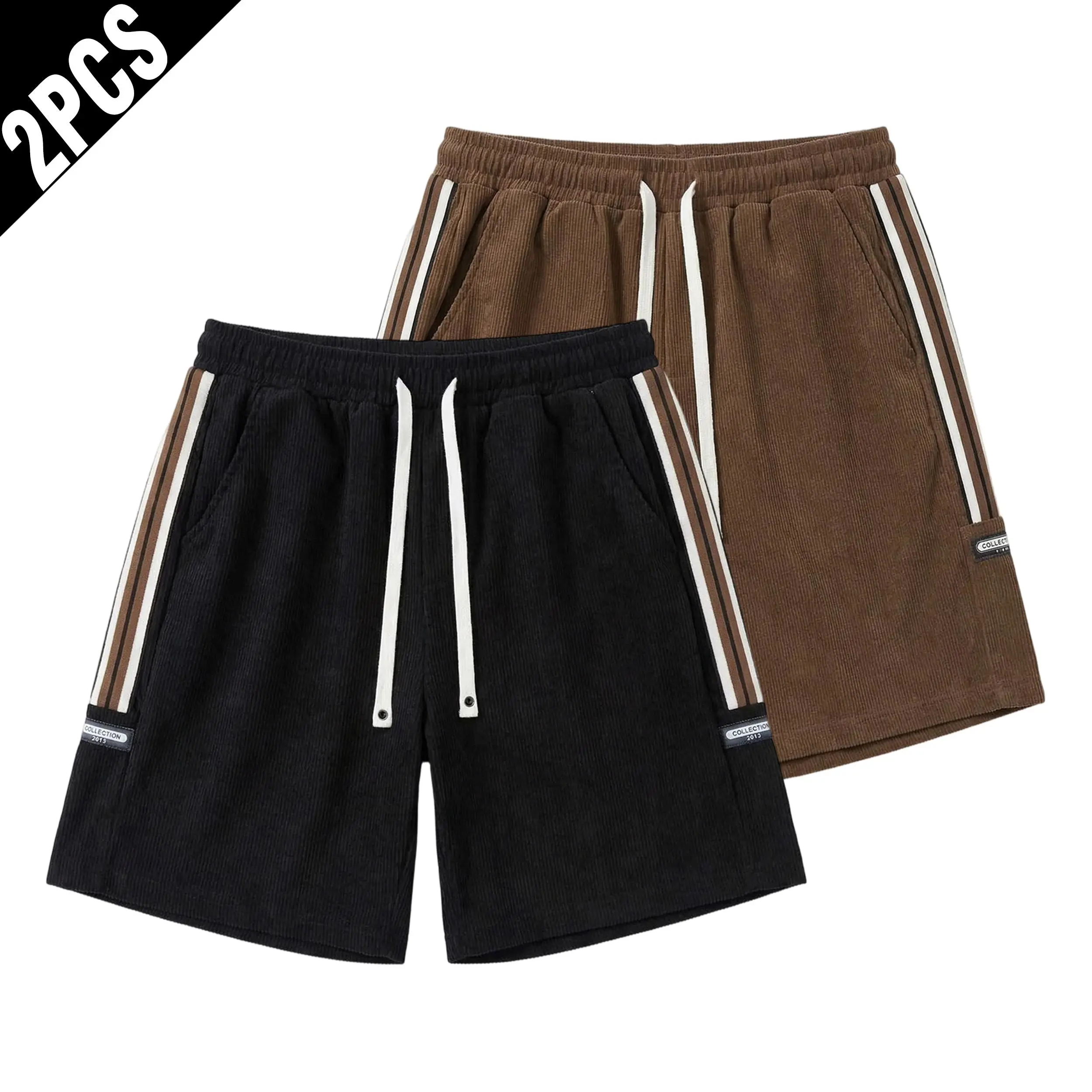 2 Pack Men Triple Side Stripe Corduroy Shorts, Drawstring Elastic Waist Loose Fit Tag Detail Vintage Casual Streetwear Summer Shorts Multipack cargo men's casual cargo short outdoor fitness active indoor workout casual short sport daily lightweight style