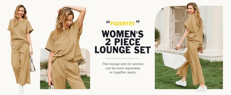 FISOEW Womens 2 Piece Outfits Sweatsuit Long/Short Sleeve Tops and Drawstring Waist Cropped Wide Leg Pants Loungewear Sets viral  knit Jean Shirt matching sets women Matching Tracksuits Womenswear Soft,Valentine's Day Gift Recommendations