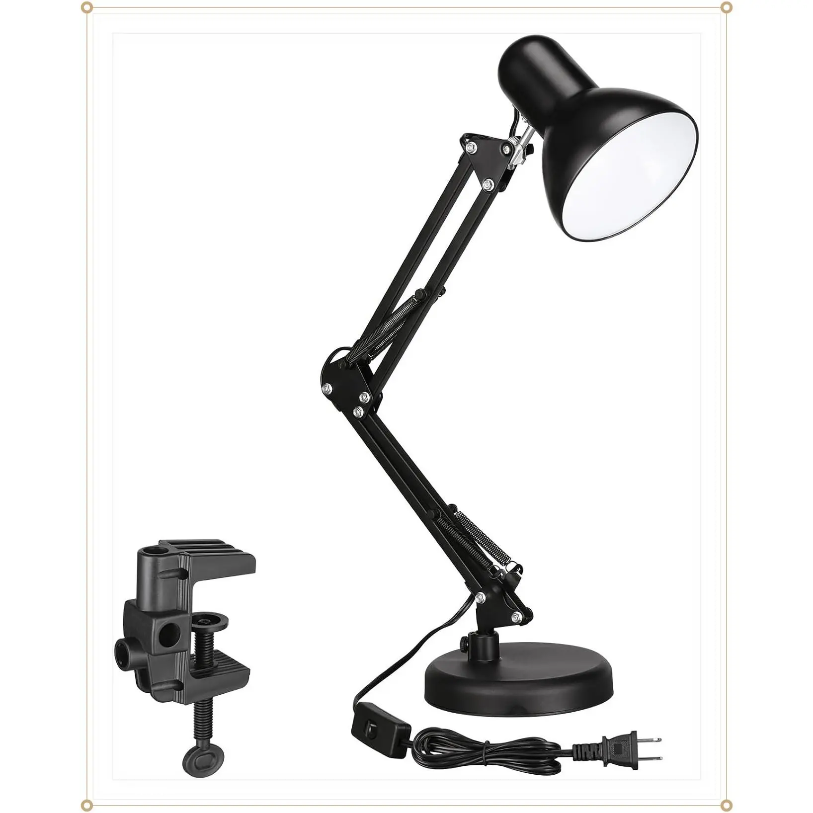 Metal Desk Lamp, Adjustable Swing Arm, E26, Black | Architect Gooseneck Multi-Joint Clip Table Lamp with Plastic Clamp, for Home Office, Work, Study, Reading, Bulbs not IncludedGift