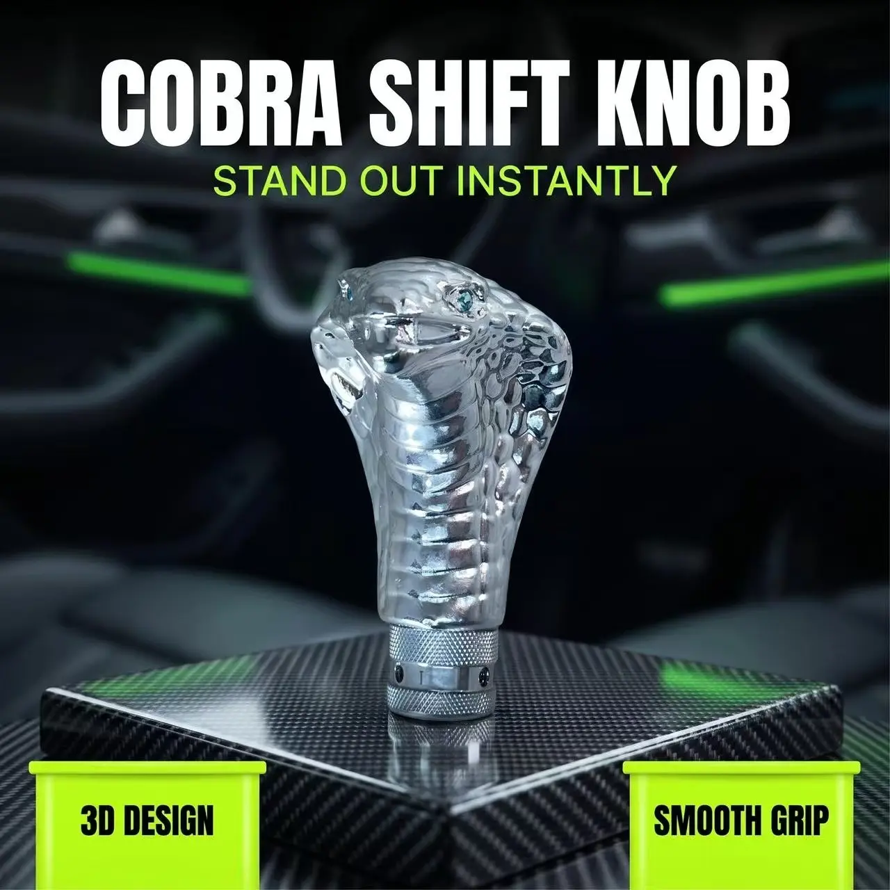 Universal  3D Cobra Metal Car Shift Knob Silver Manual Gear Shifter Head  Eyes Car Chrome Manual Gear Shift Knob Cobra Snake - Blue,pedal,,running,board,degree,rotation,wheel,paddle,trim,cover