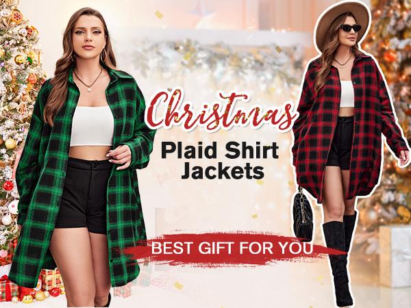 IN'VOLAND Womens Plus Size Plaid Shirt Long Sleeve Button Down Blouses Tops Shacket Jackets Coats with Pockets Chic Fashion Lightweight#US 2025 Deals for You Days Size runs small thin