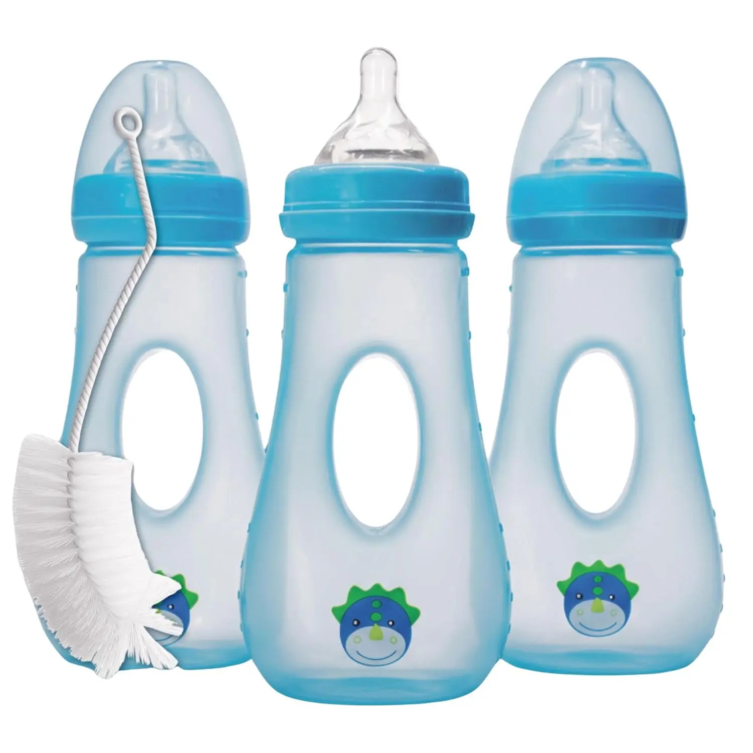 Anti Colic Baby Bottles, BPA Free, 8 oz. Wide Neck w/Medium Flow Silicone Nipples & Bottle Brush Blue Set (Pack of 3) New model fed goblet