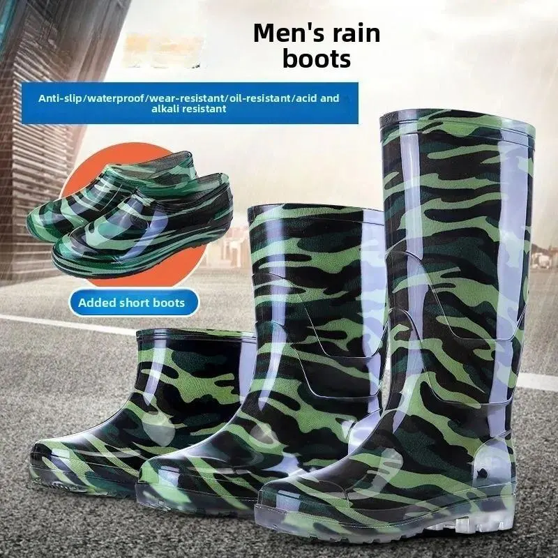 Tall Tube Camouflage Rain Boots Adult Waterproof and Non-slip Men's Camouflage Rain Shoes Water Shoes Botas Para Lluvia
