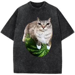 Watermelon Cat Silly Cat Meme Tee Shirt Homme New in Top Men Clothing short sleeve Round Neck Printing Pullover T-Shirt 50249 Plus SizePlus Size T-Shirt, Retro Fitness Heavyweight Washed T-Shirt, 100% Cotton