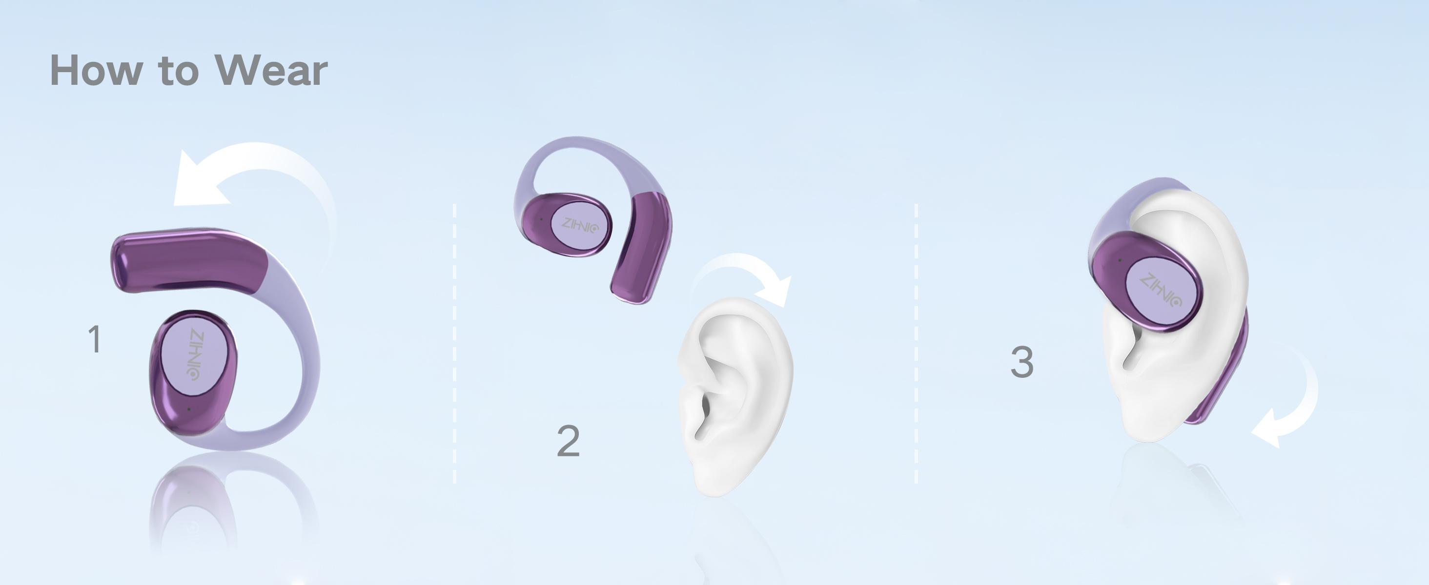 ZIHNIC S09 True Wireless Open Ear Earbuds Bluetooth 5.4 IPX5 Waterproof 35Hrs Playtime On Ear Headphones Immersive Premium Sound Long Distance Connection Headset with Charging Case Light-Weight Headphones Built-in Microphone Purple Audio