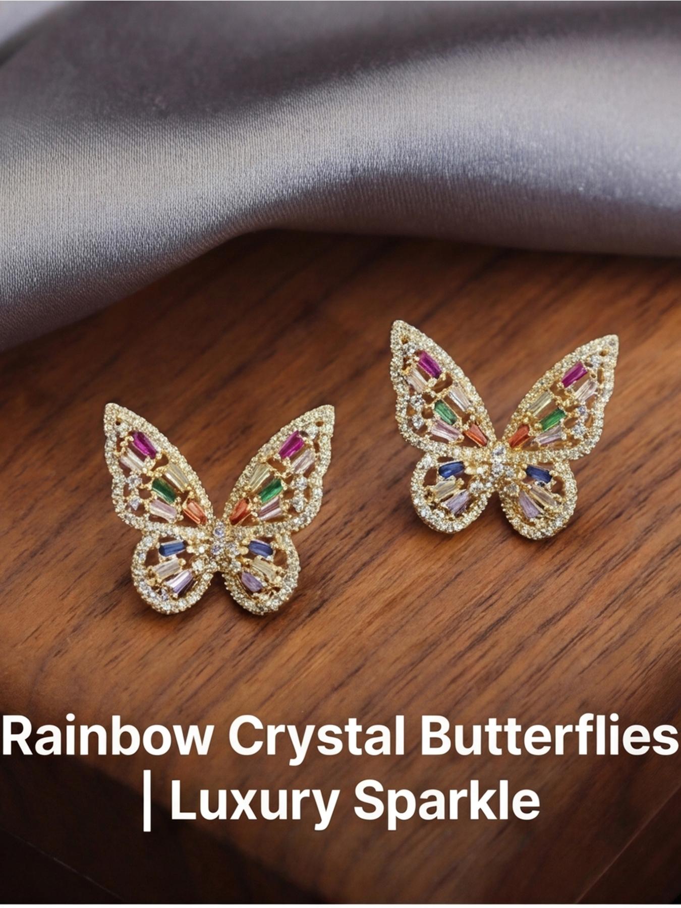 Women's Hypoallergenic Luxury Rainbow Crystal Butterfly Stud Earrings, Gold Plated Full Paved Multi-Color Rhinestone Inlaid Statement Earrings, Fashion Jewelry for Party Wedding Everyday Wear & Gift