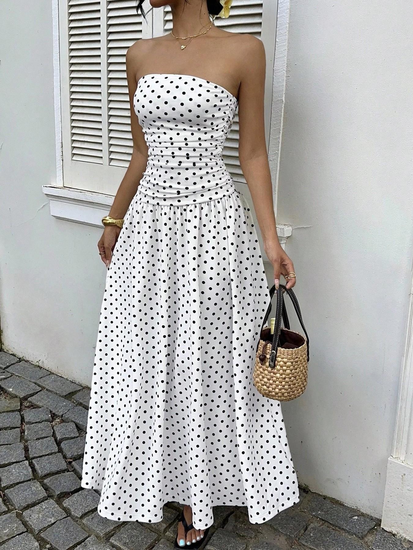 Women's Polka Dot Strapless Dress, Elegant Sleeveless Swing Flowy Maxi Dress, Spring & Summer Fitted Knit A-Type Dress