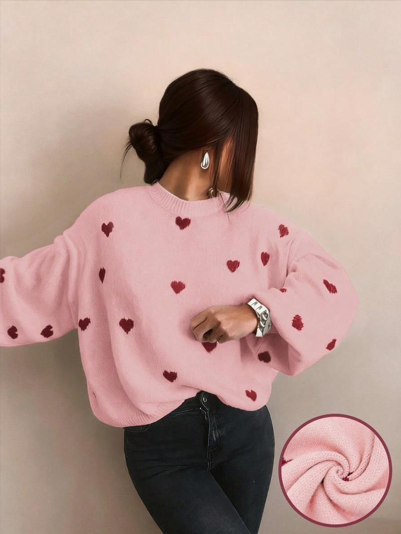 Women's All Over Heart Print Drop Shoulder Sweater, Casual Long Sleeve Round Neck Jumper for Fall & Winter, Fashion Ladies' Knitwear for Daily Wear Women's All Over Heart Print Drop Shoulder Sweater, Casual Long Sleeve Round Neck Jumper for Fall & Winter, Fashion Ladies' Knitwear for Daily Wear
