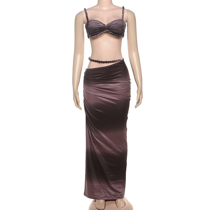 DOUCIU Multicolor Summer Beach Vacation Cool Light Sexy Hot Thin Women's Twisted Spaghetti Strap Vest Skirt Two-Piece Set, Lady Clothes, Plain Skirt Set