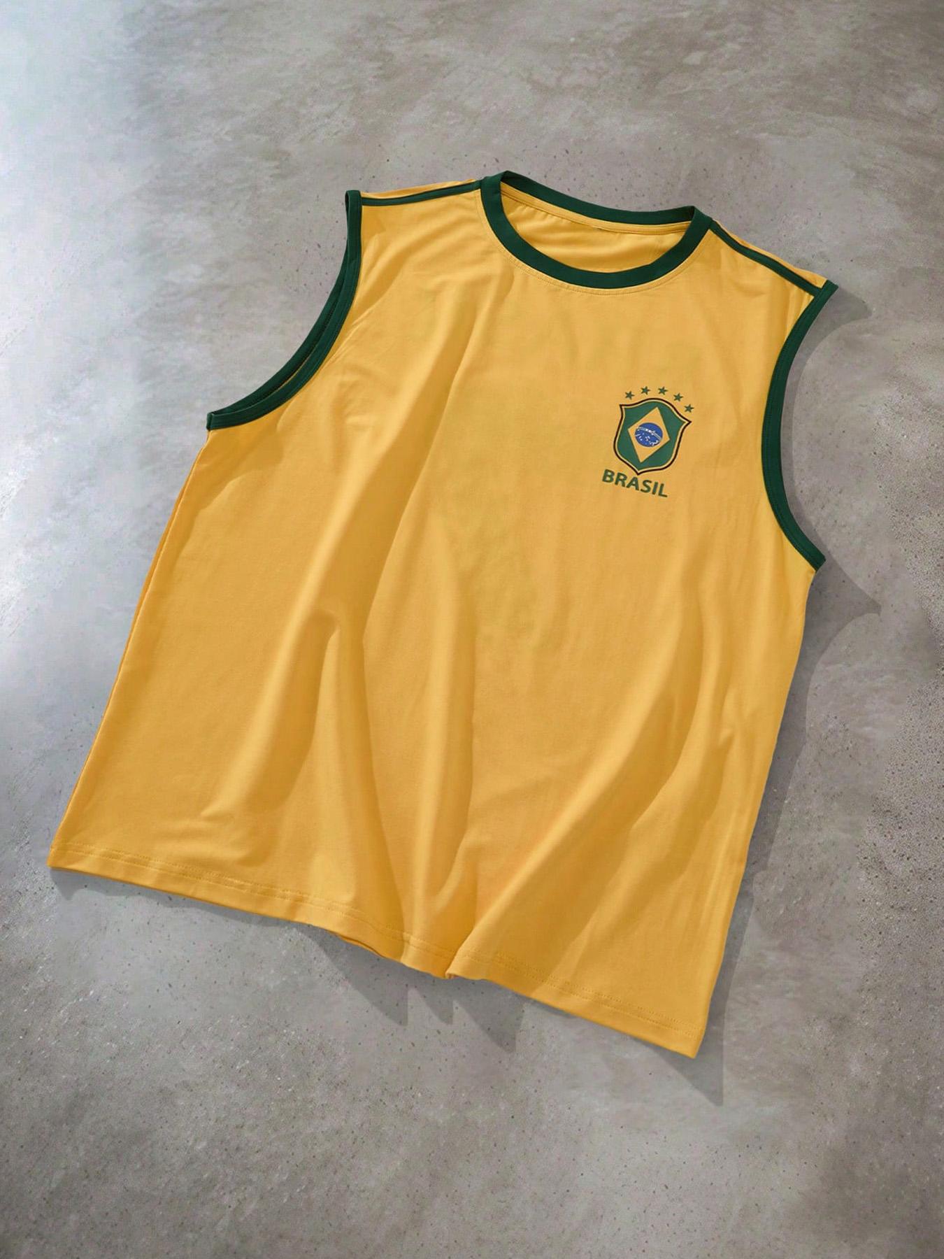 Men's Brazil Flag Print Tank Top, Vest Top, Regular Fit Casual Comfy Sleeveless Top for Summer, Men's Clothes for Daily Wear, Socks