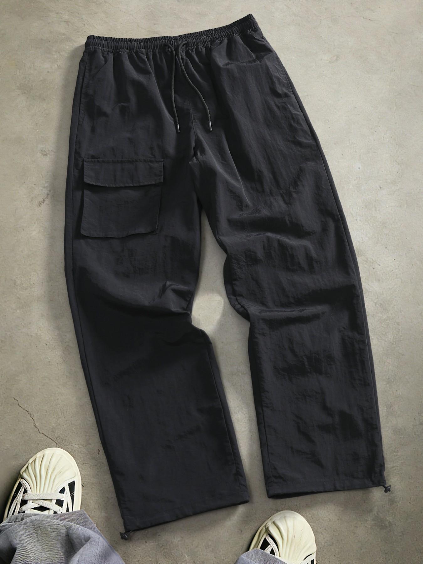 Men's Slim-Fit Polyester Casual Pants, Elastic Waistband, Drawstring Ankle Cuffs, Outer Pockets, Spring Fall Streetwear