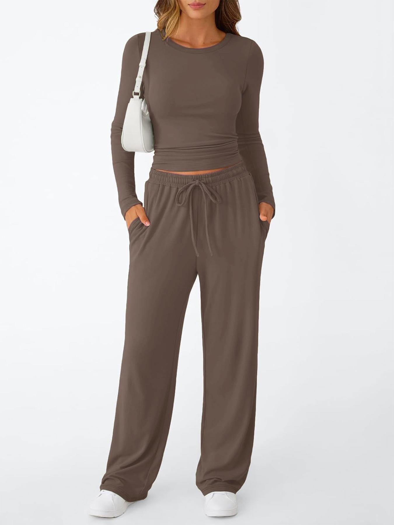 Women's 2 Piece Matching Lounge Set Long Sleeve Slightly Crop Top Wide Leg Pants Casual Sweatsuit 2026 Drawstring