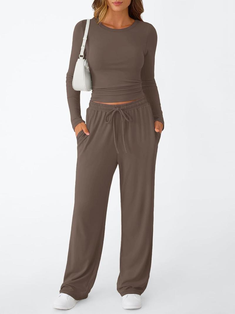 Women's 2 Piece Matching Lounge Set Long Sleeve Slightly Crop Top Wide Leg Pants Casual Sweatsuit 2026