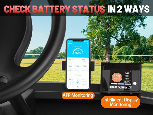 48V 100Ah Golf Cart LiFePO4 Battery with APP & Chager & Monitor, 10KW Continuous Power Lithium Battery with 200A BMS, Up to 10000+ Rechargeable Cycles, Perfect for golf cart