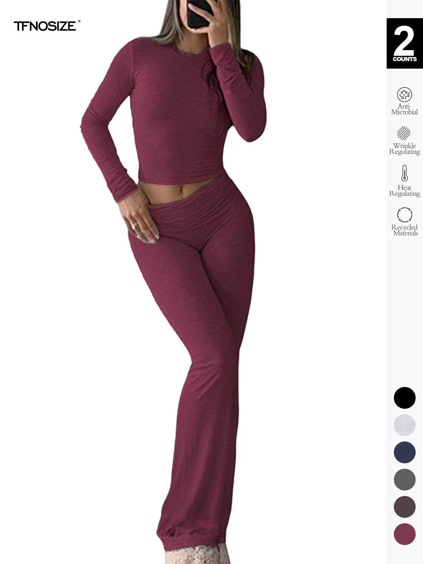 Women's 2 Piece Casual Pajama Set, Slim Fit Long Sleeve Top & Low Rise Bell Bottoms, Versatile Yoga Loungewear for All Seasons,Airport Outfit