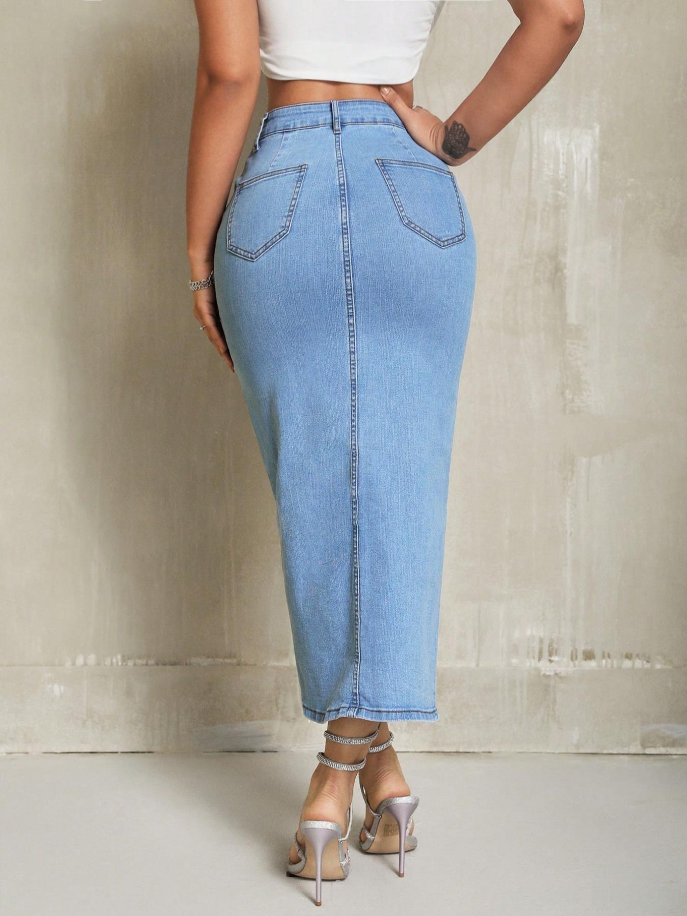 Women's Casual Elastic Front Slit Denim Skirt, Fashionable Comfort Design, Perfect for Daily Wear, Multifunctional Stylish Item