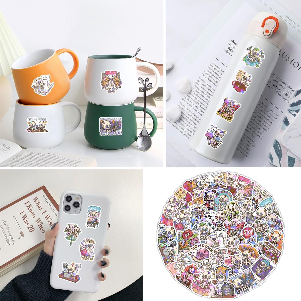 1Pc 50PCS Holographic Skull Stickers Funny Cute Waterproof Vinyl Decals Aesthetic Cartoon Graffiti Sticker Pack for Laptop Water Bottle Phone Case Skateboard Helmet Scrapbook DIY Decor Gift Spring Summer Party Supplies