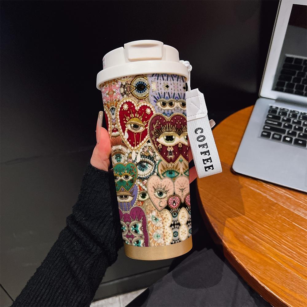 Abstract Heart Crown Eye Texture Coffee Cup, Portable Dual Drink Insulated Tumbler, Keeps Hot/cold, Boho Style, Office Travel Essential