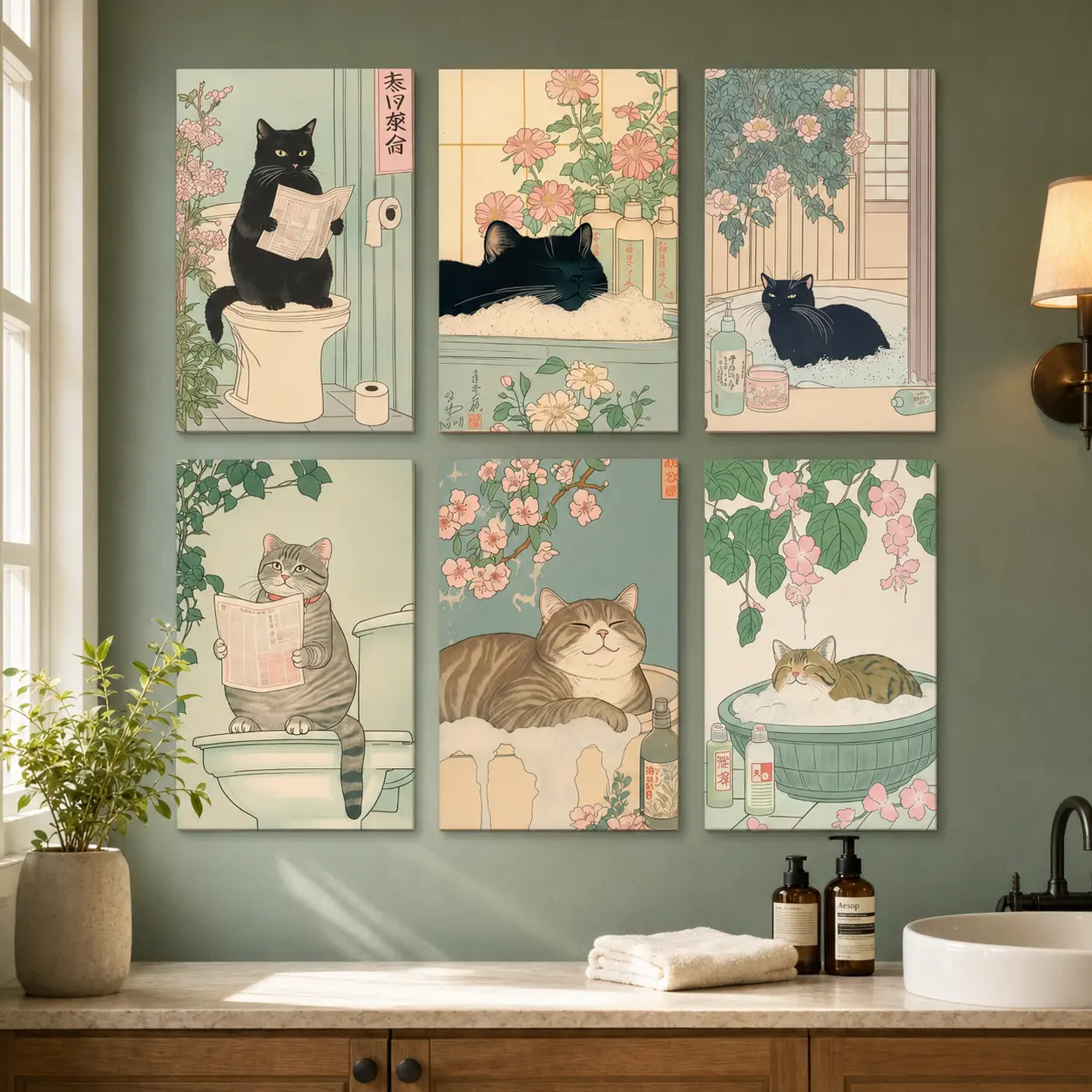 Funny Japanese Cat on Toilet Canvas Wall Art, Kawaii Bathroom Humor Poster, Quirky Minimalist Animal Print, Modern Neutral Aesthetic Decor for Restroom, Powder Room, Guest Bath or Apartment, Cute Conversation Piece, Housewarming Gift for Cat Lovers