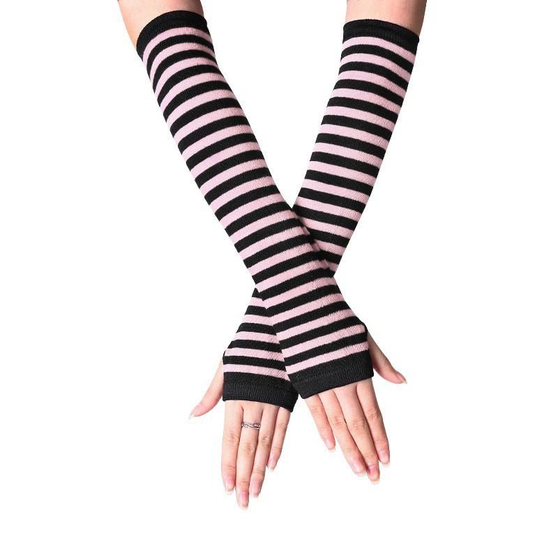 Women's Gothic Punk Striped Half-Finger Gloves, Knit Arm Warmers with Thumb Hole, Elastic Wrist and Arm Warmth, Fashionable Striped Design