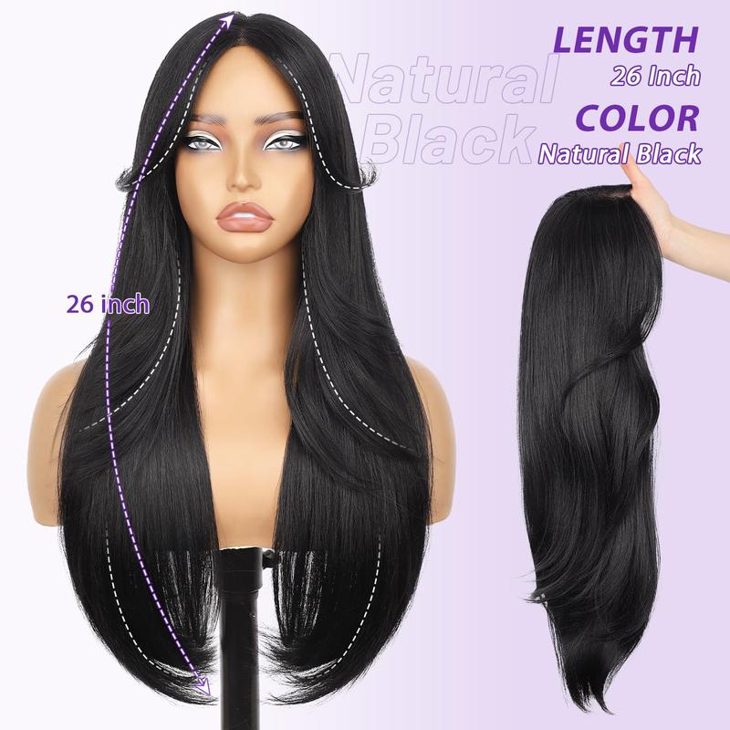 [Black Friday][ AISI HAIR ]Natural Black Glueless Wigs for Women Pre Cut Synthetic Lace Hairline Long Layered Straight Hairstyle 26 Inch