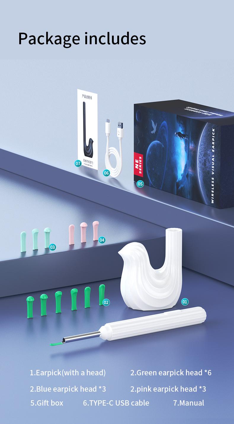 JPHYLL Wireless Visual Earpick with 6 LED Camera 1080P HD Resolution Type-C Charging 8 Accessories for iPhone & Android Ear Cleaning Tool - Green-Bird