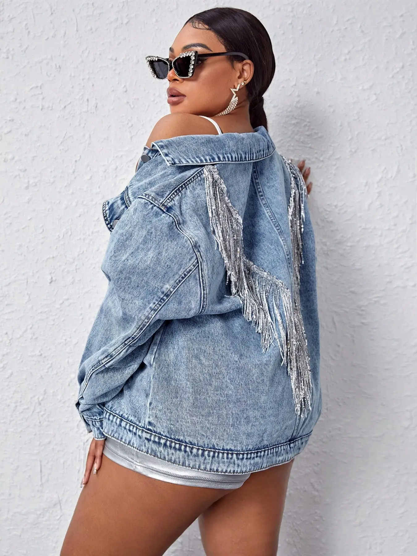 Women's Plus Size Street Style Fall New Fashion Lapel Denim Jacket Coats, Back Fringe Design Loose Fit, Casual Outerwear for Work, Tea, Travel, School