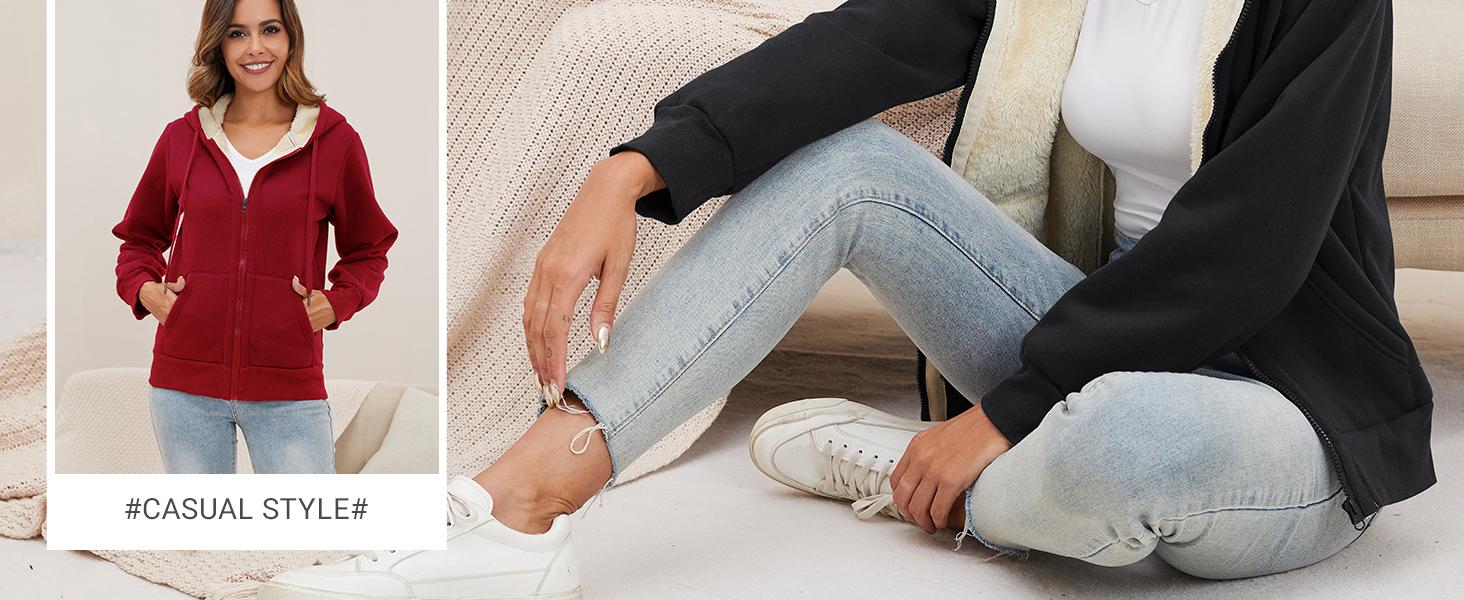 Yimoon Women's Sherpa Lined Hooded Sweatshirt Zip Up Winter Warm Hoodie Comfy Hooded Fleece Jacket Soft Womenswear Drawstring Outdoor