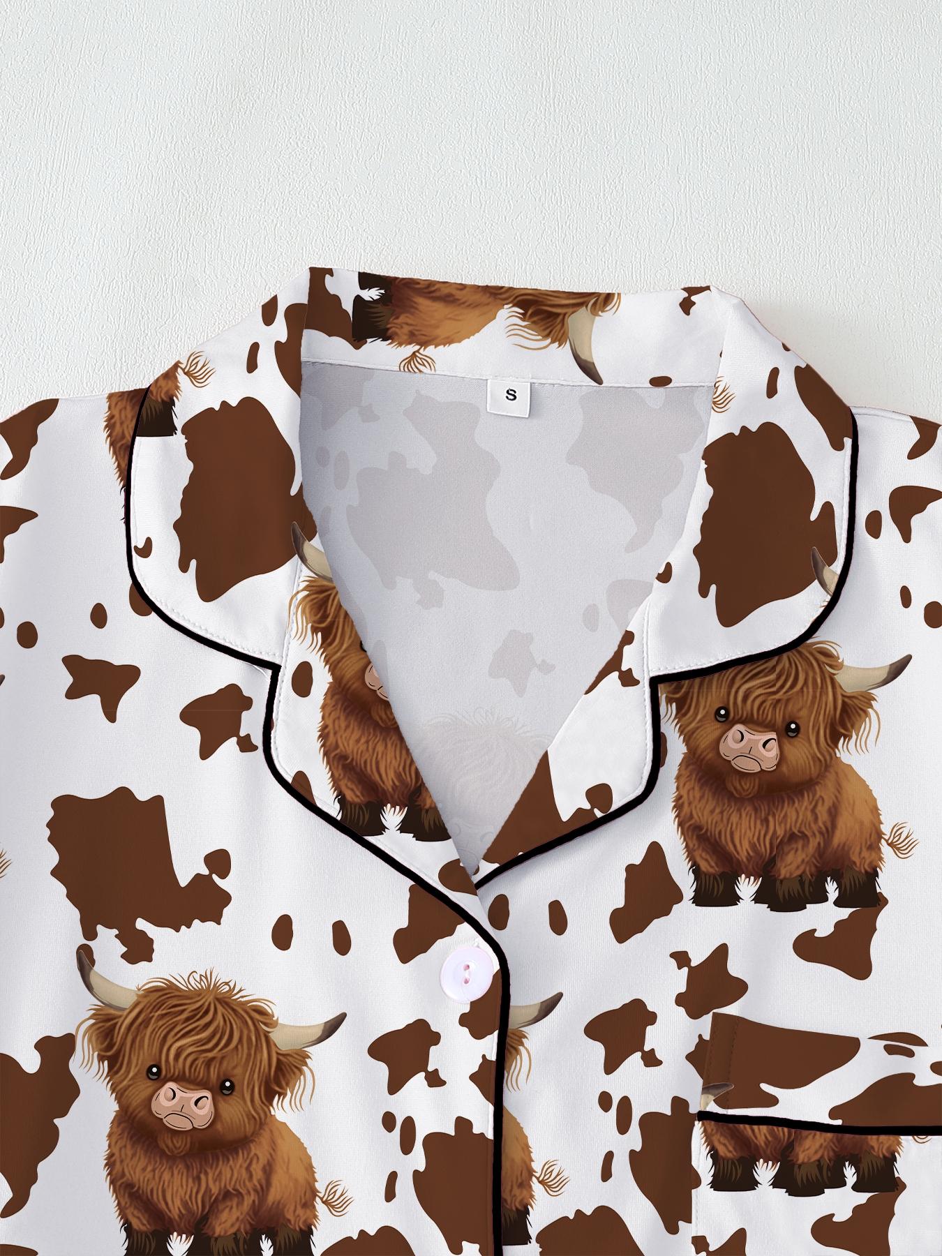 【Highland cattle】Women's Cartoon Cow Print Pajama Set, Long Sleeve & Pants, Elastic Waistband, Comfortable Home Wear, Fall Winter