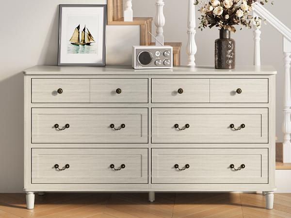 RoyalCraft  6 Drawer Dresser, 58" Wide Chest of Drawers with Large Metal Handle, Modern Wood Drawer Organizer for Bedroom, Living Room, Hallway, Closet, Light Grey