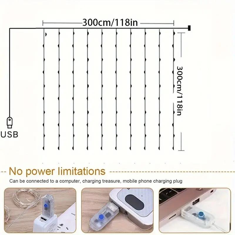 LED Curtain Light String, USB Powered LED Curtain Light String, Decorative Interior LED Lights String For Wedding Bedroom Living Room, Adjustable Led Lights