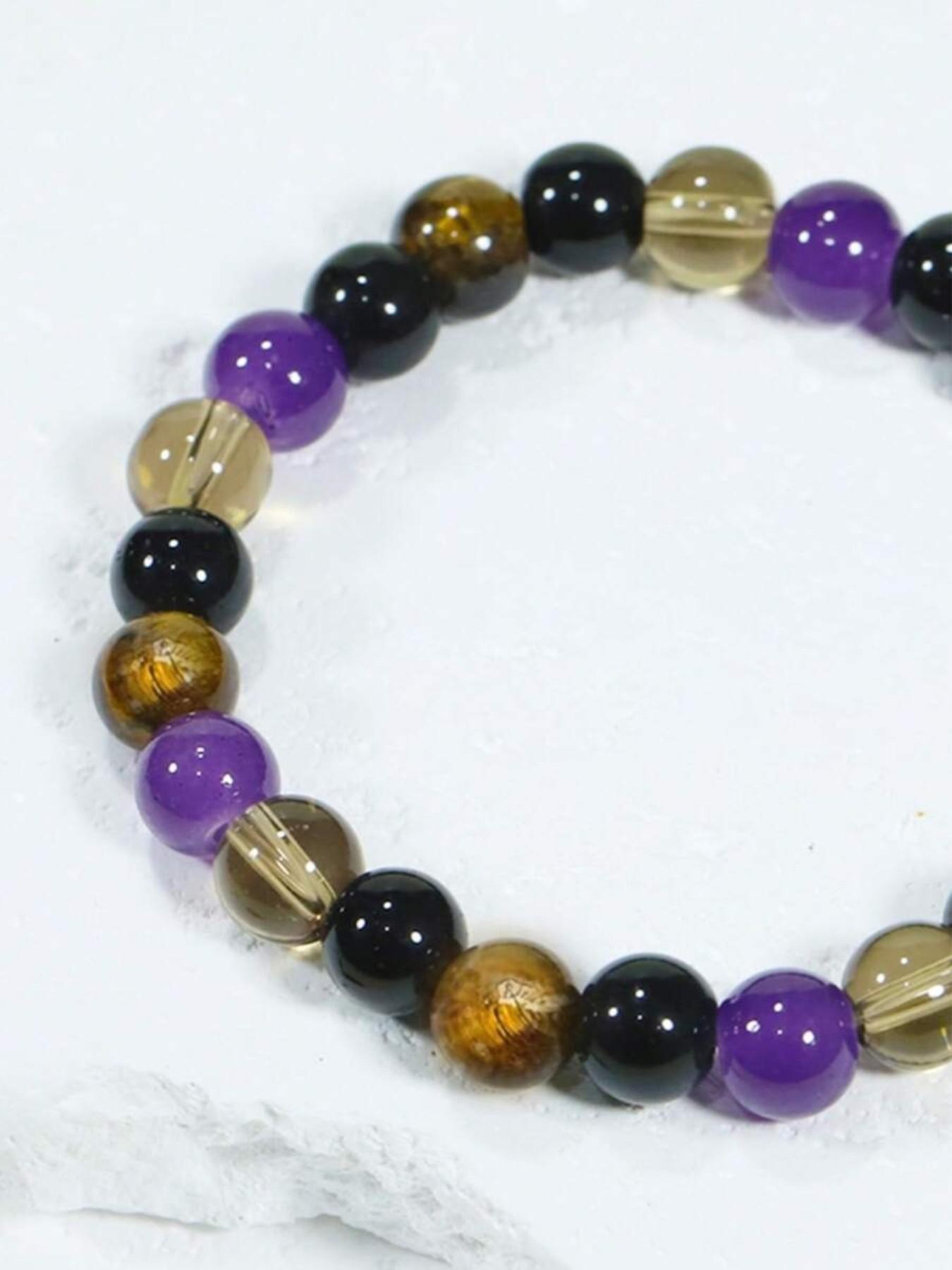 1pc Natural Tigereye & Amethyst Bead Stretch Bracelet, Energy Balancing Crystal Jewelry Gift For Men & Women
