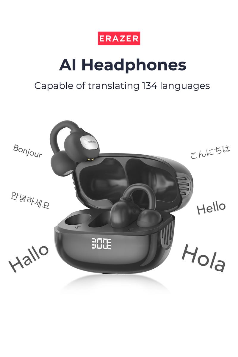 ERAZER XF50 AI clip on translation headphones with 134 language translations, sweat resistant and waterproof, powerful sound effects, and long battery life suitable for music and voice calls, suitable for travel and learning