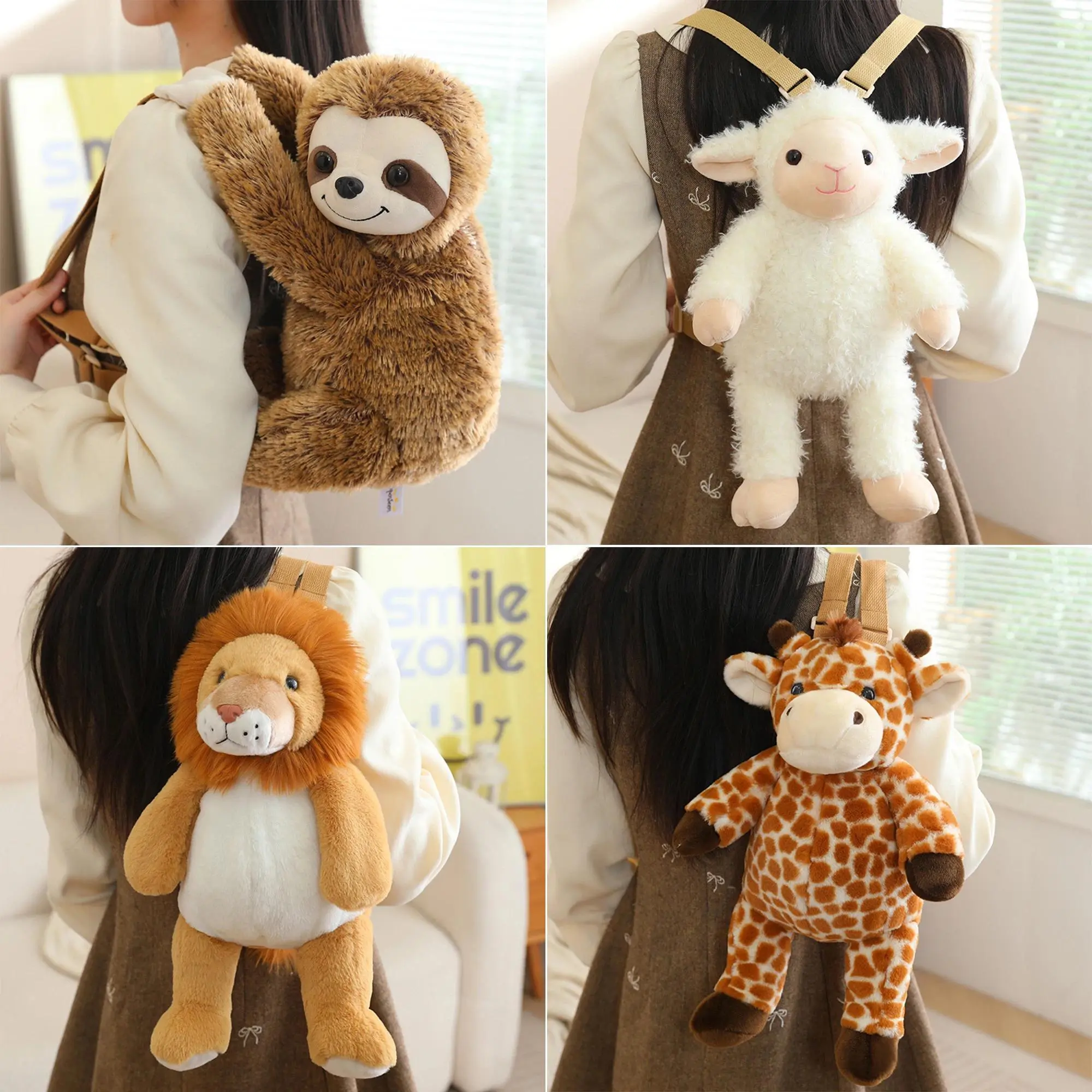 Plush Animal Backpack Sloth Lion Sheep Lemur Giraffe Rabbit Deer Elephant Stuffed Toy Cute Soft Kawaii Boys Girl School Bag Gift