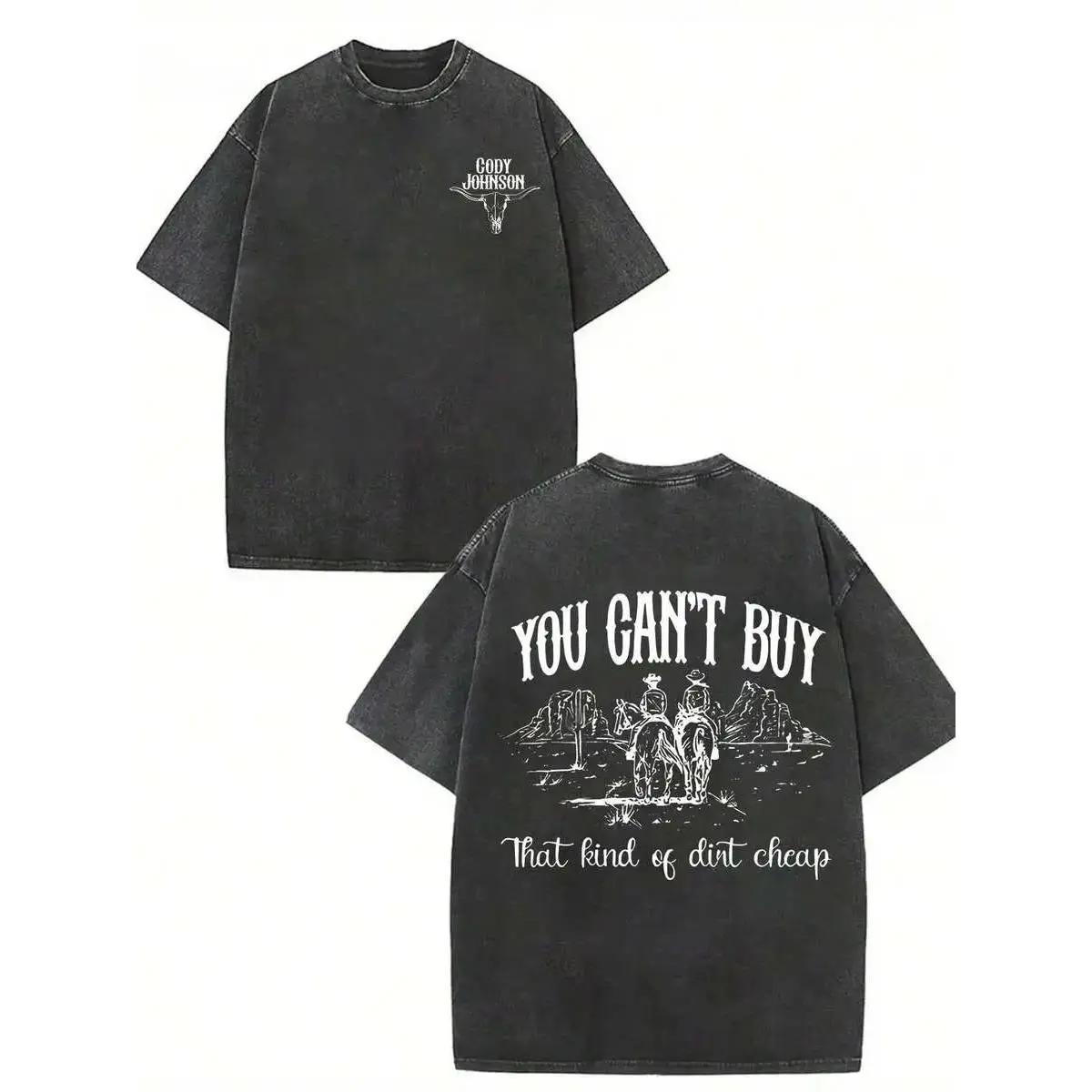 Men's Vintage Cody Johnson Country Crew Neck T-Shirt - Washed Black Cotton Oversized Short Sleeve Tee, Retro Western Cowboy Graphic, All Seasons Casual Washed Look Shirt with "You Can't Buy That Kind of Dirt" Print