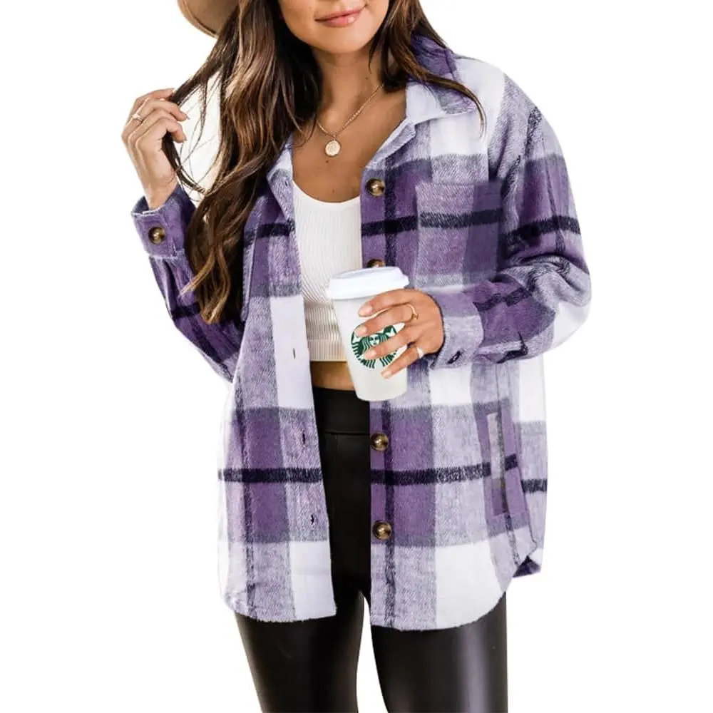 Womens Flannel Plaid Shacket Jacket Button Down Shirts wiht Pockets