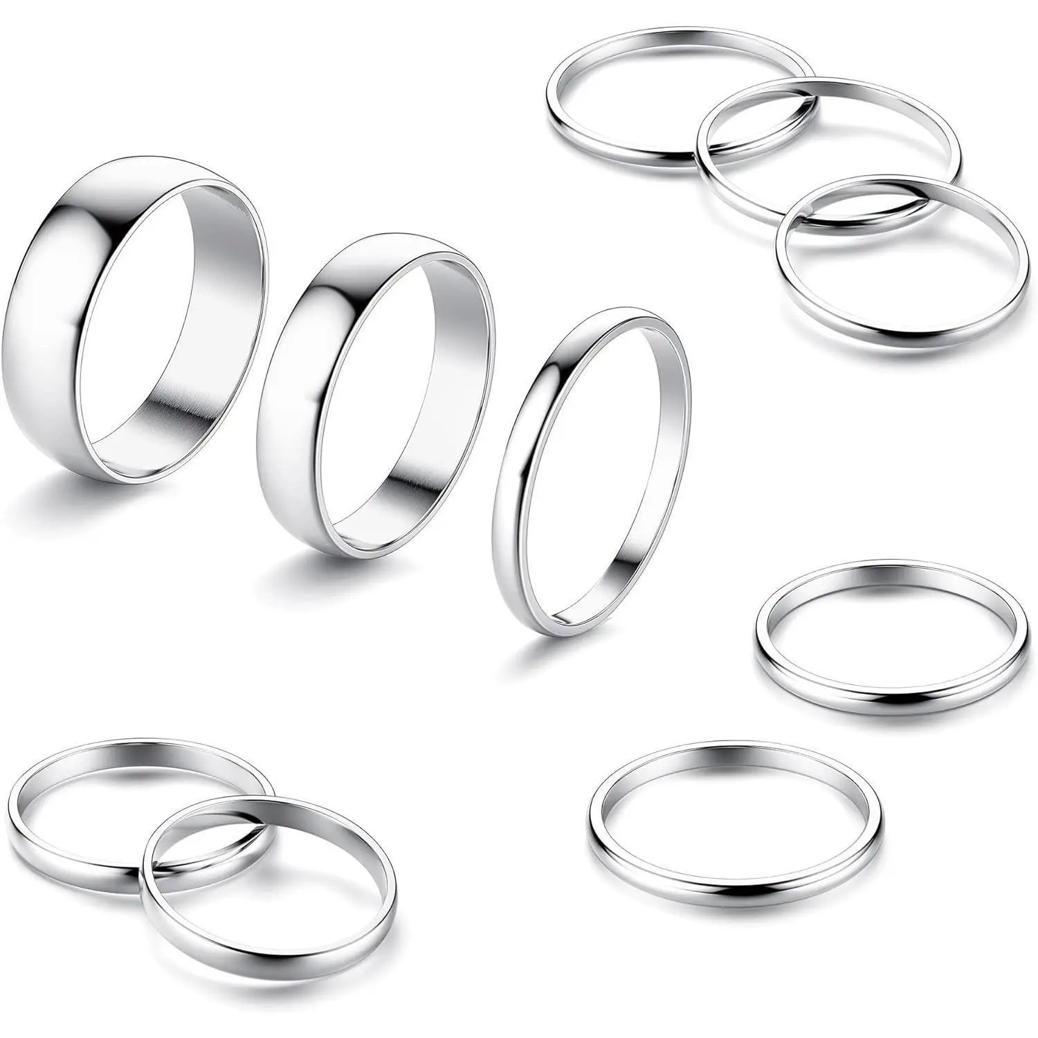 CASSIECA 8-10 Count Women's Stainless Steel Metallic Silver Plain Band Knuckle Rings Set, Simple Smooth Stackable Jewelry for Daily Wear, Metallic Silver Rings, Plain Band Rings Sohochic