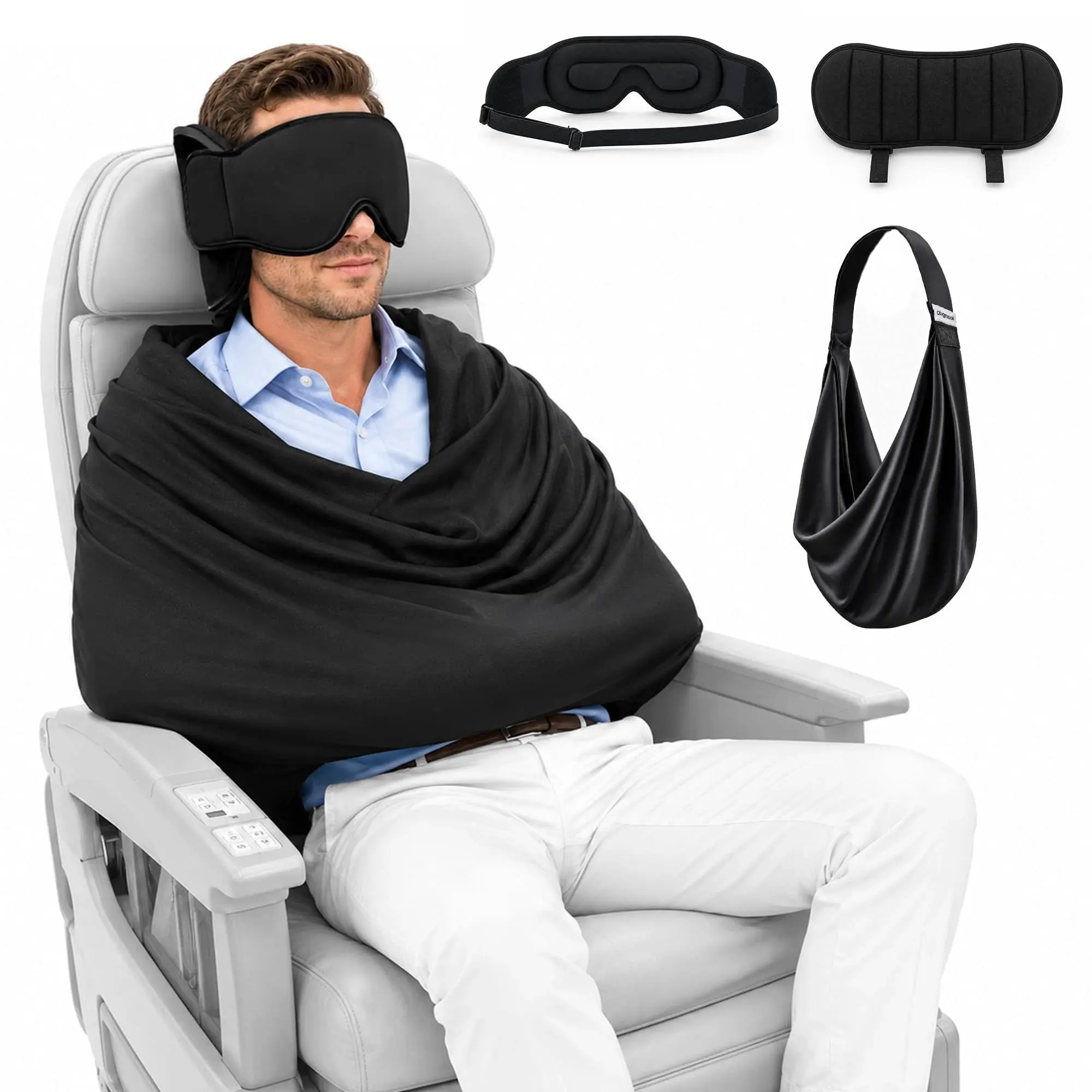 Travel Pillow with Eye Mask, 3-in-1 Airplane Sleep Support Travel Essentials for Comfort, Portable Sleep System with Neck Support Head Strap, Sleeper Hold for Flight Car Train