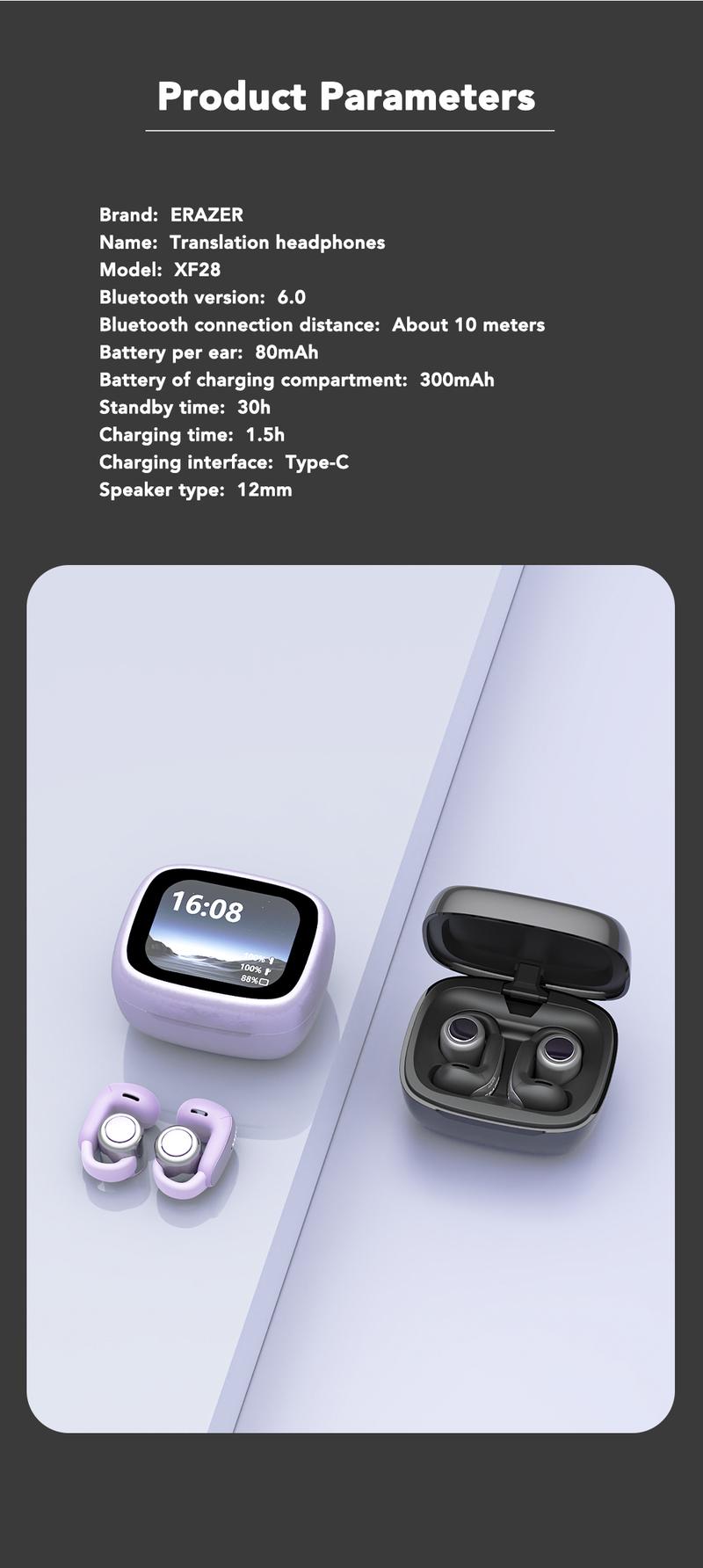 ERAZER XF28 Translation Wireless Earbuds, Clip-On Ear Headphones, Supports Real-Time Translation in 134 Languages With APP, Bluetooth 6.0 Earphones, Audio Wireless Earbuds for Music & Phone Calls,Waterproof Sports Electronic Headphones with Long Endurance