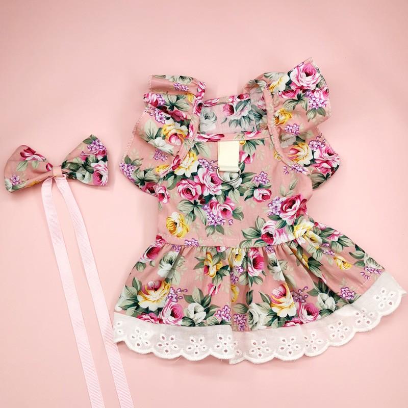 Cute Fashion Print Pet Dress with Bow, Plaid Pet Costume, Elastic Mesh Princess Dress, Puppy Cat, Complete Set